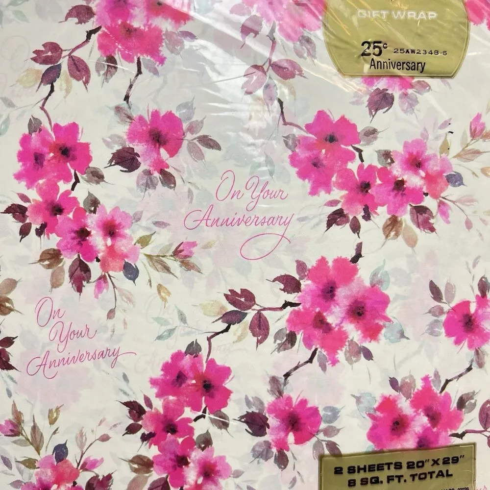 Vintage Rust Craft Anniversary Gift Wrap Pink Floral 2 Sheets 8 Sq Ft Total